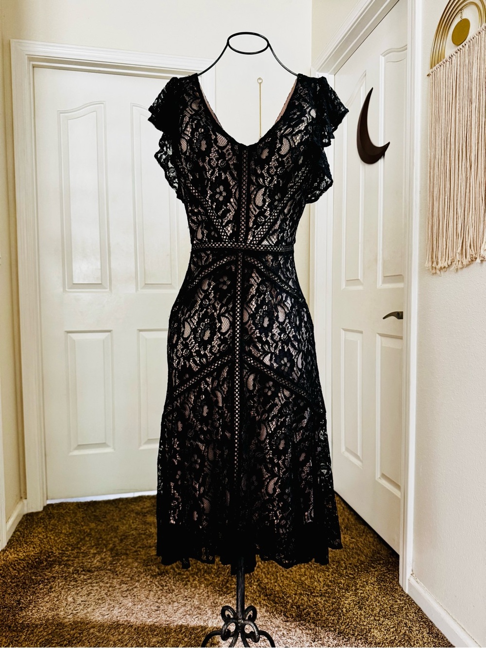 Taylor Black Lace Midi Dress with V-Neck